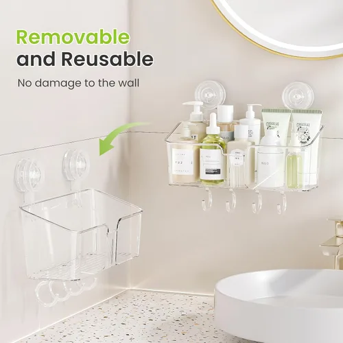 Miniatura 7 de LUXEAR Organizador de ducha con ventosa, sin perforaciones, organizador de ducha de sujeción fuerte con ganchos y jabonera, drenaje rápido