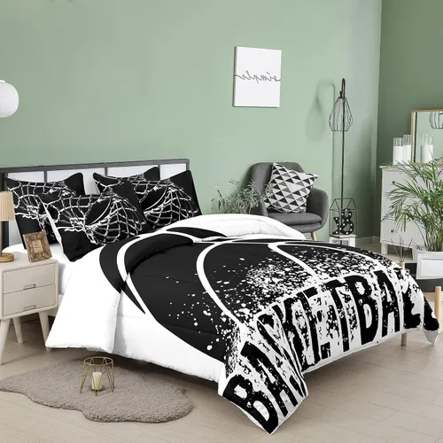 Miniatura 2 de Bodhi Juego de edredón en blanco y negro, juego de ropa de cama de baloncesto deportivo tamaño Queen para niños, juego de edredón de baloncesto