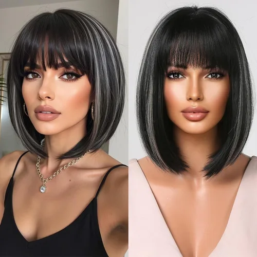 Allbell Peluca negra estilo Bob para mujeres negras, peluca corta y lacia con flequillo, pelucas de cabello negro de 14 pulgadas con reflejos
