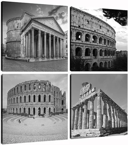 Miniatura 2 de NAN Wind Moderno lienzo de 4 paneles de arquitecturas en blanco y negro de giclée, pinturas de paisajes en lienzo de edificios de Roma, pinturas