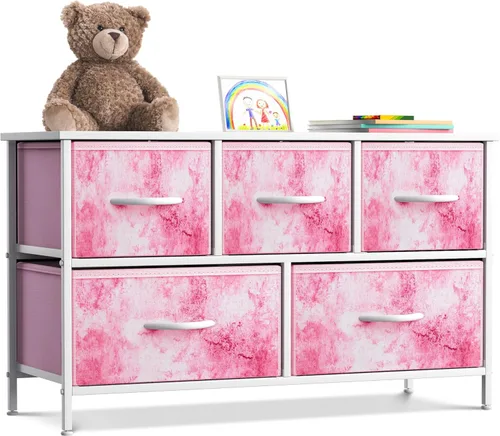 Sorbus Cómoda Infantil con 5 Cajones - Unidad Organizadora de Almacenamiento con Marco de Acero, Parte Superior de Madera, Cajones de Tela Fáciles