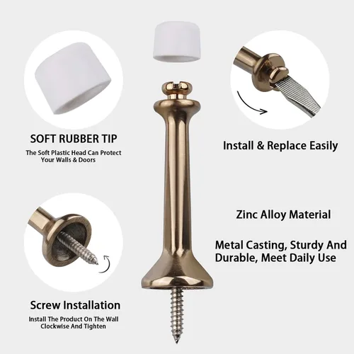Miniatura 5 de Triumph Hardware Tope de puerta rígido sólido de 3 pulgadas con punta de goma suave, tope de puerta sólido de metal de aleación de zinc que protege