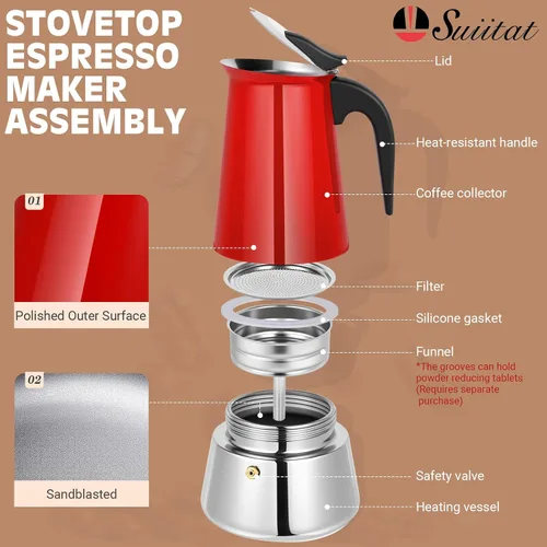 Miniatura 2 de Olla de moka de 6 tazas (300 g) para espresso en cocina, olla de acero inoxidable 304, compatible con inducción, roja Rojo