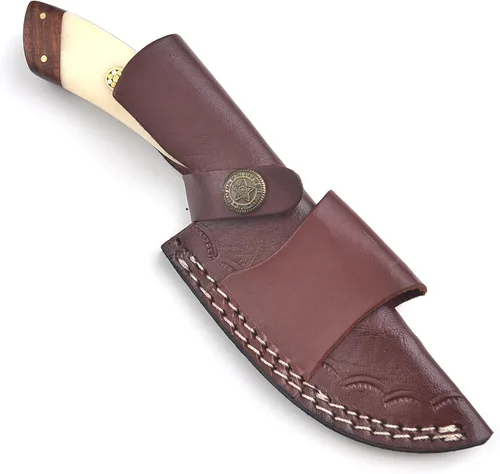 Miniatura 5 de Cuchillo de caza de Damasco hecho a mano de 8.25 pulgadas - Cuchillos de hoja fija con mango de hueso y funda de cuero - Cuchillo personalizado