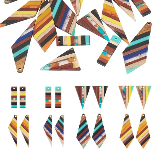 Miniatura 12 de Beadthoven - Dijes de madera de resina para bricolaje, colgantes de aretes de lágrima multicolor, triángulo, círculo redondo, rombo, barra