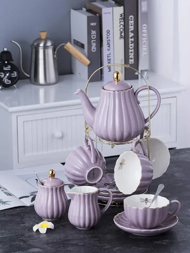 Miniatura 6 de Jusalpha Fine China Juego de Taza de Café/Taza de Té Morada de 8 OZ, Platillo, Cucharas, Tetera y Cremera, 17 Piezas (Juego FD-TW17PC, Morado)