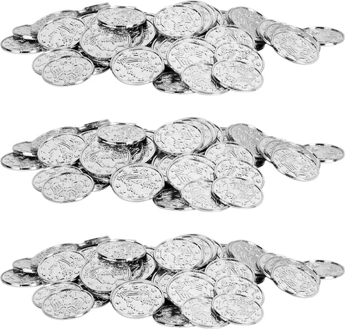 Miniatura 8 de Beistle 100 monedas de plástico en relieve de plata para casino occidental y tema pirata, recuerdos de fiesta del cofre del tesoro, 1.5 pulgadas
