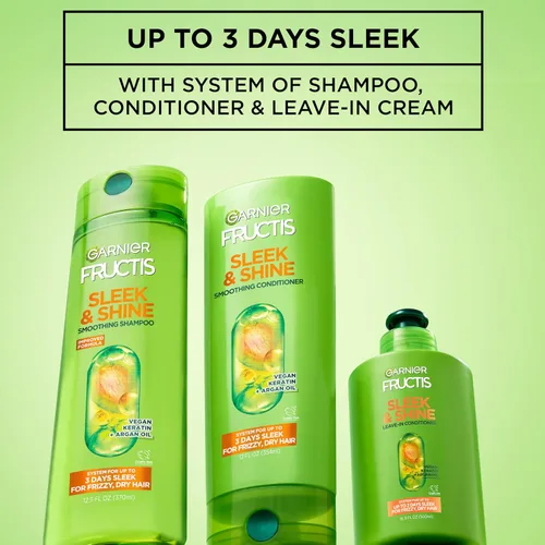 Miniatura 5 de Garnier Fructis Sleek & Shine Crema acondicionadora sin enjuague para cabello encrespado y seco, queratina vegetal + aceite de argán, 10.2 onzas