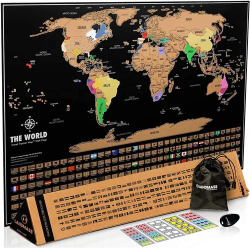 Landmass Mapa del mundo para rascar, rastreador de viaje de lujo con banderas, cartografía detallada, idea de regalo para viajeros, arte de pared,
