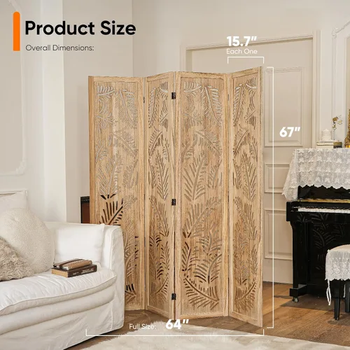 Miniatura 2 de JOSTYLE Divisor de habitación bohemio con tallado de plumas, pantalla de madera calada de 4 paneles, división plegable decorativa para dormitorio