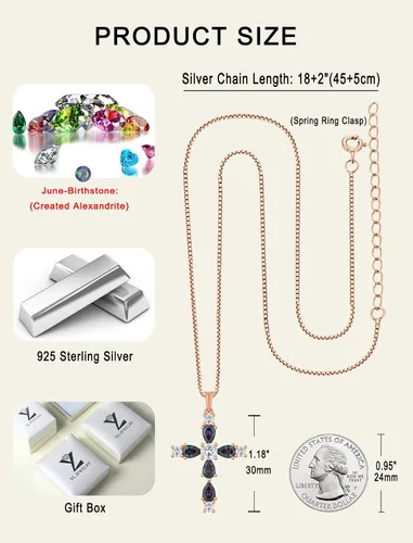 Miniatura 133 de YL Collar de cruz de plata de ley 925 con colgante de piedra natal religiosa para mujer