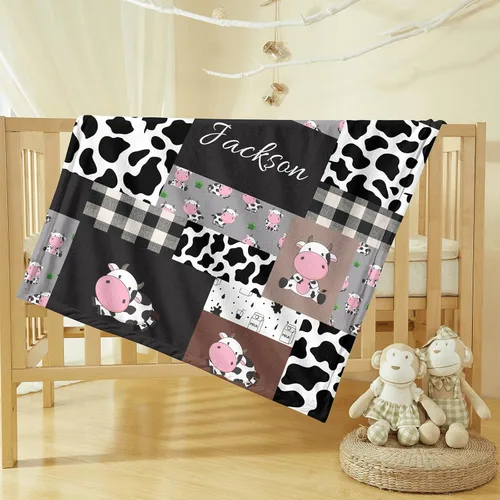 Miniatura 3 de Mantas de bebé personalizadas de vaca Minky con nombre, diseño de vaca lindo personalizado para niños y niñas, mantas de felpa suave con diseño a