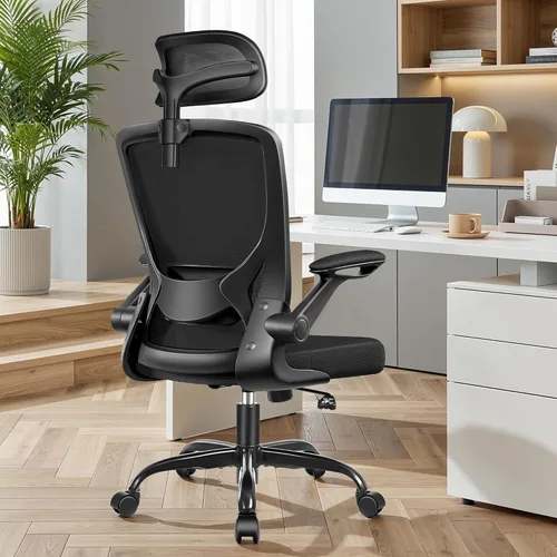 Miniatura 10 de BESTFAIR Silla de oficina ergonómica, sillas de oficina de malla transpirable con soporte lumbar ajustable, brazos abatibles, silla de escritorio