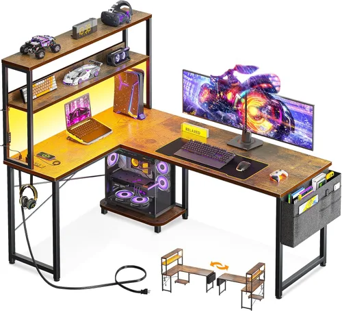 ODK - Escritorio en forma de L de 53 pulgadas con iluminación LED, escritorio reversible para juegos con tomas de corriente, mesa de computadora