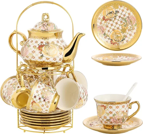 Miniatura 9 de Juego de té de cerámica europea de 20 piezas para adultos con soporte de metal y pintura de flores (versión crema grande)