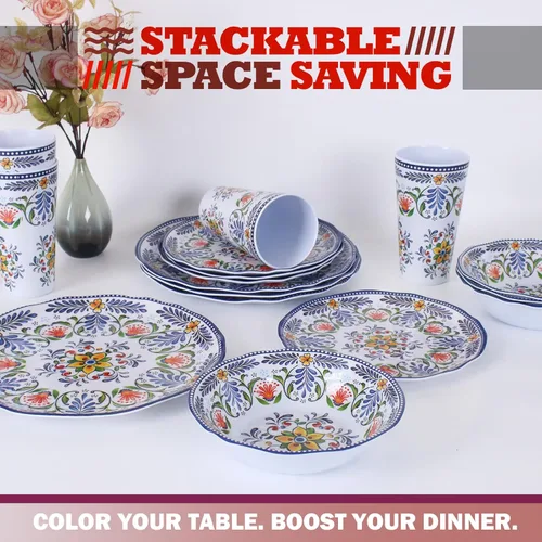 Miniatura 3 de Juego de vajilla de melamina para 4-16 piezas: juego de platos de campamento con platos llanos, platos de ensalada, tazas y cuencos. Ligero e