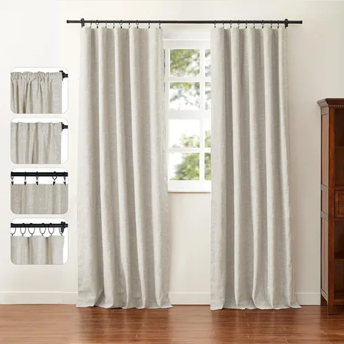 Miniatura 23 de ChadMade Cortina reductora de luz con bolsillo para barra, cortina de mezcla de lino y algodón para oficina, 96 pulgadas de largo, con pestaña Beige