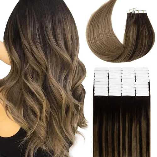 Miniatura 28 de Lacer Extensiones de cabello humano Remy con cinta, 20 piezas, 1.76 oz, extensiones de cabello humano con cinta color marrón chocolate a rubio