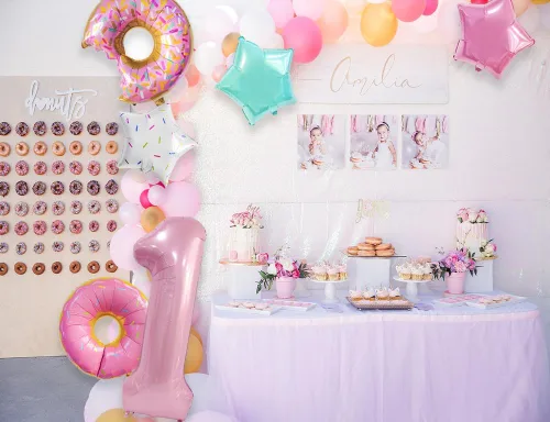 Miniatura 5 de Decoraciones de dona para el primer cumpleaños, suministros de decoración de fiesta de cumpleaños para niñas, 40 pulgadas, color rosa, 6 globos