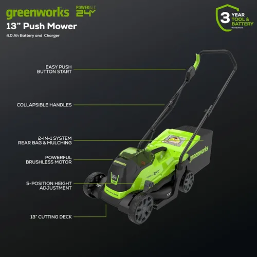 Miniatura 2 de Greenworks Cortacésped inalámbrico de 24 V 13 pulgadas (empuje), batería de 4.0 Ah, cargador + batería adicional de 4.0 Ah