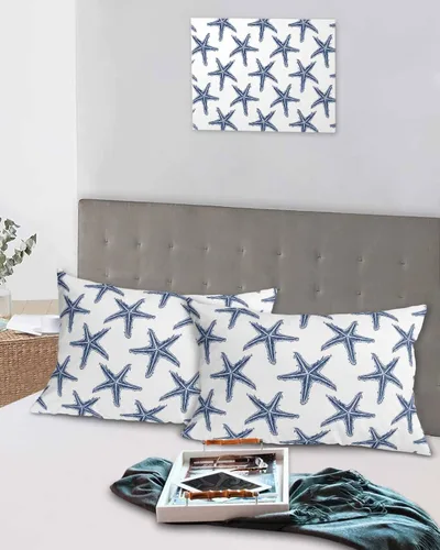 Miniatura 5 de Juego de 2 fundas de almohada de microfibra azul marino con estrellas de mar de playa tamaño estándar, fundas de almohada lumbares decorativas