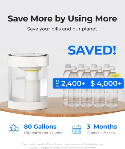 Miniatura 8 de Waterdrop - Dispensador de filtro de agua recargable de vidrio grande para 22 tazas, reduce más de 70 contaminantes, sistema de filtro de agua