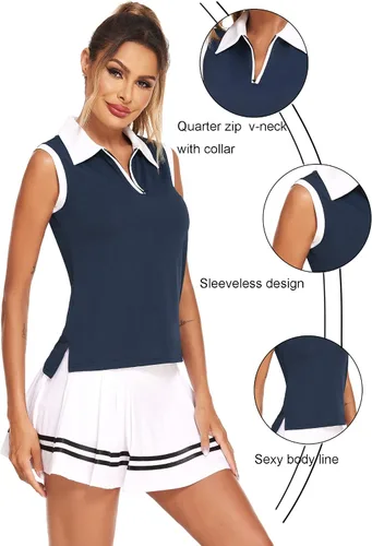Miniatura 2 de HOTLOOX Camiseta polo de golf sin mangas para mujer, verano 2024, UPF 50+, cremallera, cuello en V, camiseta sin mangas S-XXL