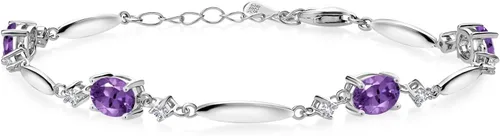 Miniatura 29 de Gem Stone King 925 Sterling Silver Gemstone Birthstone and White Created Sapphire Tennis Bracelet For Women Oval 7X5MM and 2MM 6 Inch + 1 Inch