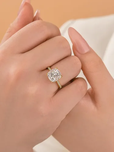 Miniatura 10 de Anillo de compromiso de corte cojín de 4 quilates para mujer, piedra blanca/amarilla grado 5A, circonita cúbica S925, plata, amarillo/blanco/oro rosa
