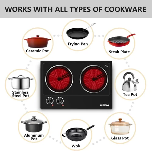 Miniatura 3 de CUSIMAX Doble quemador, placa eléctrica de cerámica de 1800 W para cocinar, estufa infrarroja de doble control, quemador portátil de encimera, placa