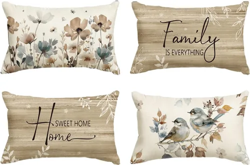 Miniatura 8 de AVOIN colorlife Chinoiserie - Juego de 4 fundas de almohada con diseño de flores de amapola Chickadee Home Sweet Home, 16 x 16 pulgadas, otoño