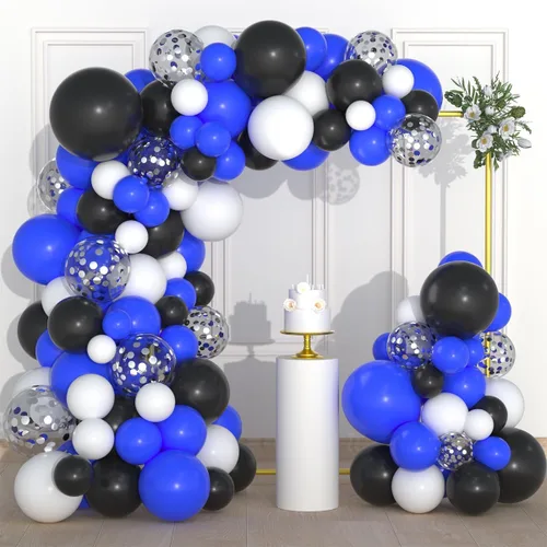 Guirnalda de arco de globos azul real, negro, plateado y blanco, globos de confeti plateado metálico azul, negro, blanco, globo de videojuegos para