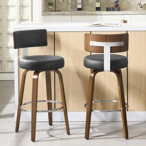 Miniatura 6 de Bekrvio Juego de 2 taburetes de bar giratorios con altura de mostrador, taburetes de cocina tapizados de piel sintética con respaldo, patas