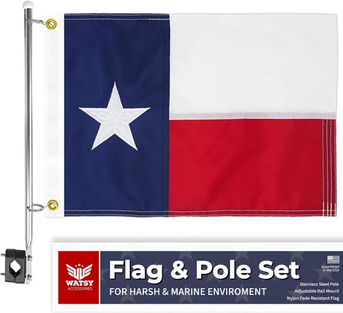 Kit de asta de bandera de barco – Bandera bordada TEXAS de 12 x 18 pulgadas + poste inoxidable y clips | Impermeable, grado marino, alta resistencia