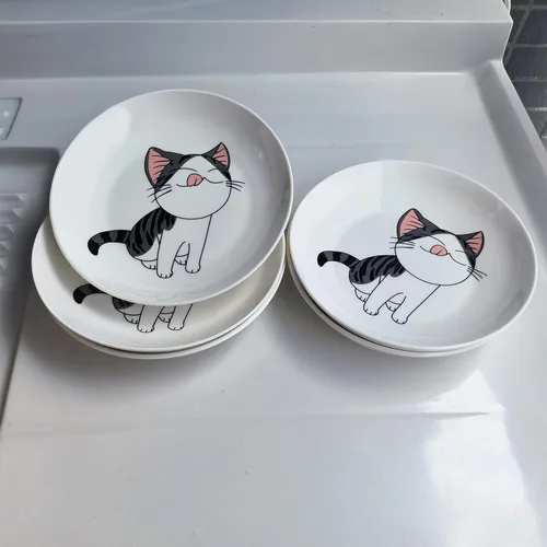 Miniatura 6 de Juego de 5 platos de cerámica con bonito diseño de gato, platos llanos grandes de porcelana para ensalada de postre de 7.28 pulgadas, platos