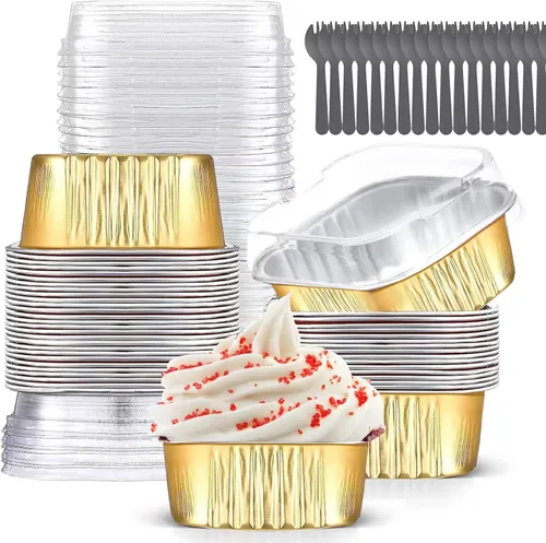 Miniatura 11 de Findful - Juego de 40 moldes cuadrados de papel de aluminio para cupcakes de 10 oz con tapas, moldes para brownies, moldes desechables grandes