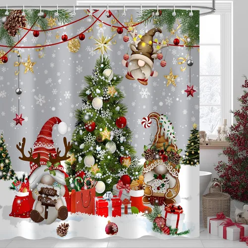 Miniatura 10 de Cortina de ducha de Feliz Navidad, trineo de Papá Noel, reno, copo de nieve, vacaciones, cuadros rojos y verdes, juego de cortinas de ducha