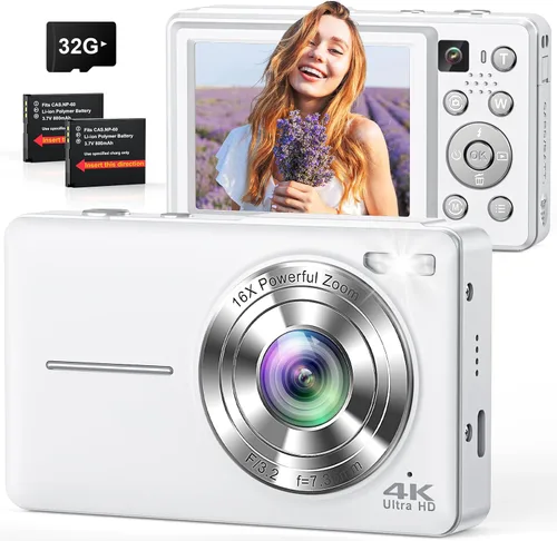 Miniatura 11 de Cámara digital, cámaras 4K 64MP para fotografía, pequeña cámara digital compacta de apuntar y disparar con enfoque automático, cámara dual, flash