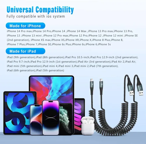 Miniatura 7 de JUKEKUL Cable Lightning en espiral de 3 pies de nailon trenzado, cargador de iPhone de carga rápida para automóvil [certificado Apple MFi], Gris