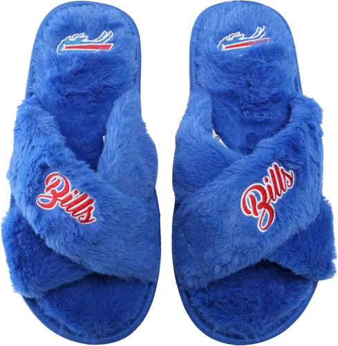 Miniatura 14 de FOCO Pantuflas deslizantes cruzadas mullidas con logotipo de texto del equipo NFL para mujeres
