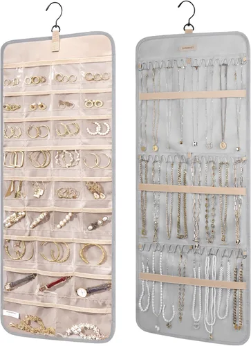 Miniatura 9 de Organizador de joyas colgante BAGSMART con rollo de almacenamiento y ganchos metálicos, soporte doble para aretes, collares, anillos en el armario