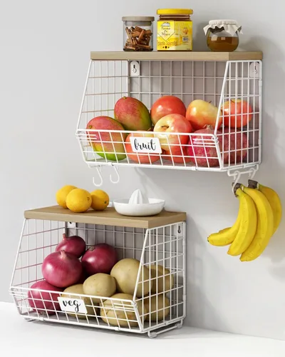 Miniatura 8 de Goozii - 2 paquetes de cestas de frutas colgantes de pared para encimera de cocina, cestas de alambre apilables para organizar con tapa de madera