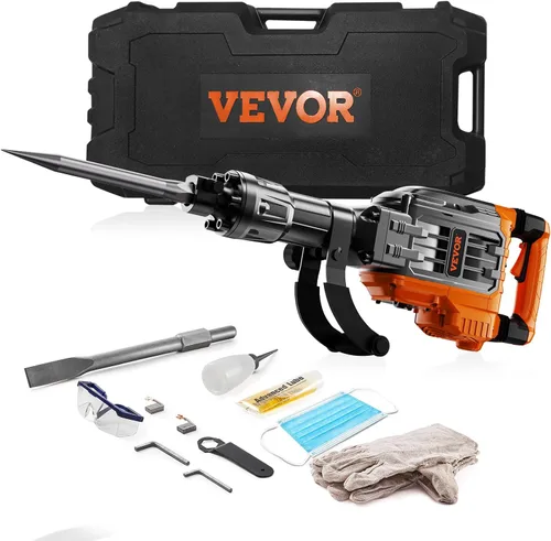 Miniatura 10 de VEVOR - Martillo eléctrico para demolición, de 3,500 W máximo y 1,900 BPM, con 2 cinceles, estuche, guantes y mango delantero giratorio de 360°