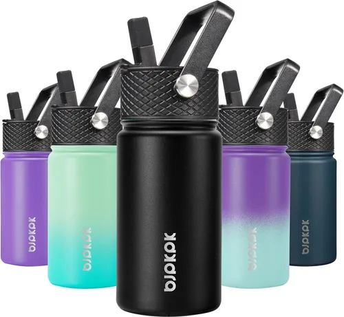 Miniatura 81 de BJPKPK Botella de agua aislada con tapa con pajilla, bonitas botellas de agua de 15 onzas, termo de metal de acero inoxidable, vasos reutilizables