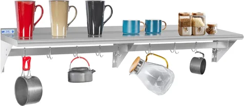 Miniatura 19 de Hally Estante de Acero Inoxidable con 6 Ganchos 12" x 36" Estante para Ollas Montado en Pared, Estantería Flotante Comercial NSF para Almacenamiento