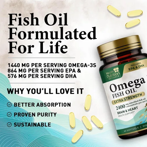 Miniatura 7 de Suplementos de aceite de pescado Omega 3 – 2400 mg de aceite de pescado por porción – Omega-3 de triple fuerza con ácidos grasos EPA y DHA – Apoyo