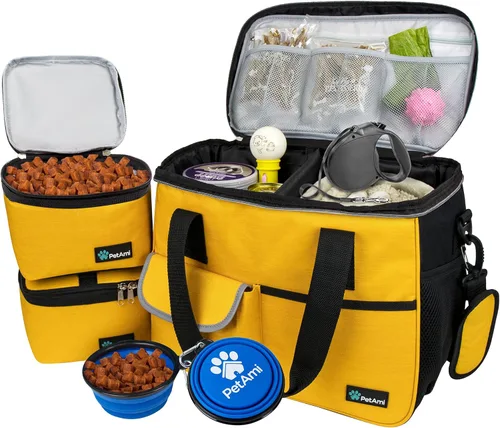 PetAmi Bolsa de viaje para perros, organizador de bolsas de viaje para mascotas, bolsa de viaje de comida para perros con contenedor de comida y