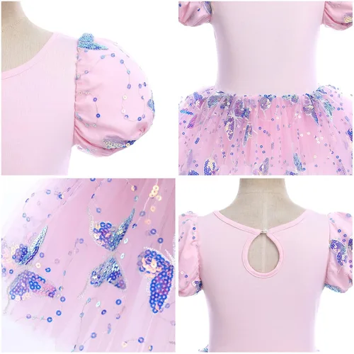 Miniatura 6 de Leotardos de ballet para niñas, 4 colores, mariposa, lentejuelas brillantes, vestido tutú de baile, manga abombada, ojo de cerradura en la espalda