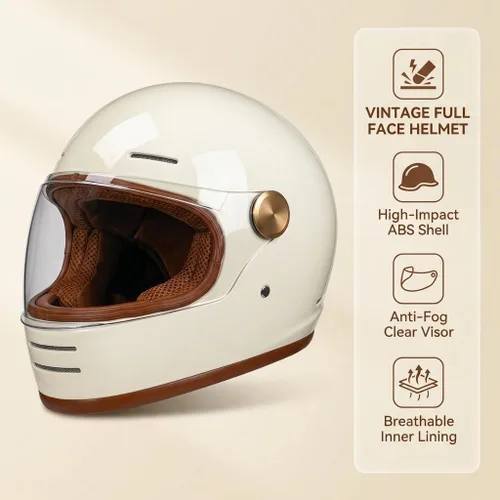 Miniatura 3 de Casco retro para motocicleta Loyoriwy para adultos: Casco integral vintage con sistema de ventilación, diseño impermeable para motociclismo Blanco