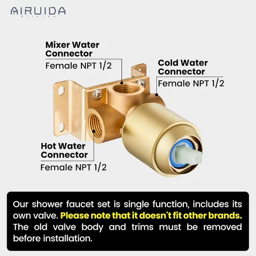 Miniatura 2 de Airuida Kit de Acabado de Válvula de Ducha de Una Sola Manija – Válvula de Instalación Empotrada de Latón para Montaje en Pared con Conexión
